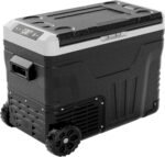 12V Refrigerator supports 12V/24V DC & 110-240V AC. Portable with -4°F~68°F range, it features wheels, 2 baskets, and large cooling zone. Ideal for RVs, travel, Truck, Boat, Insulated Portable Cooler, Cooler Carry Handle